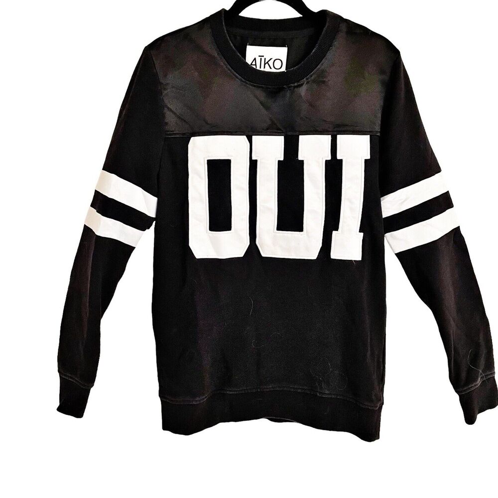 AĪKO Black OUI Black‎ Sweatshirt Varsity Style Sz XS Mens Appliqué Made in USA.
